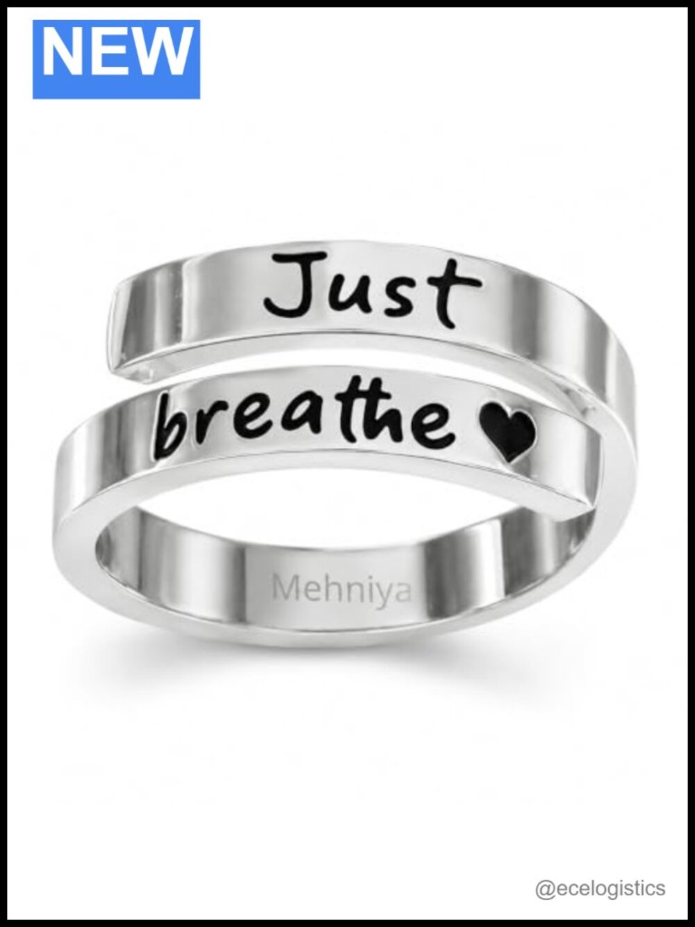 Just Breathe 925 Sterling Silver Adjustable Ring Inspirational Heart Band